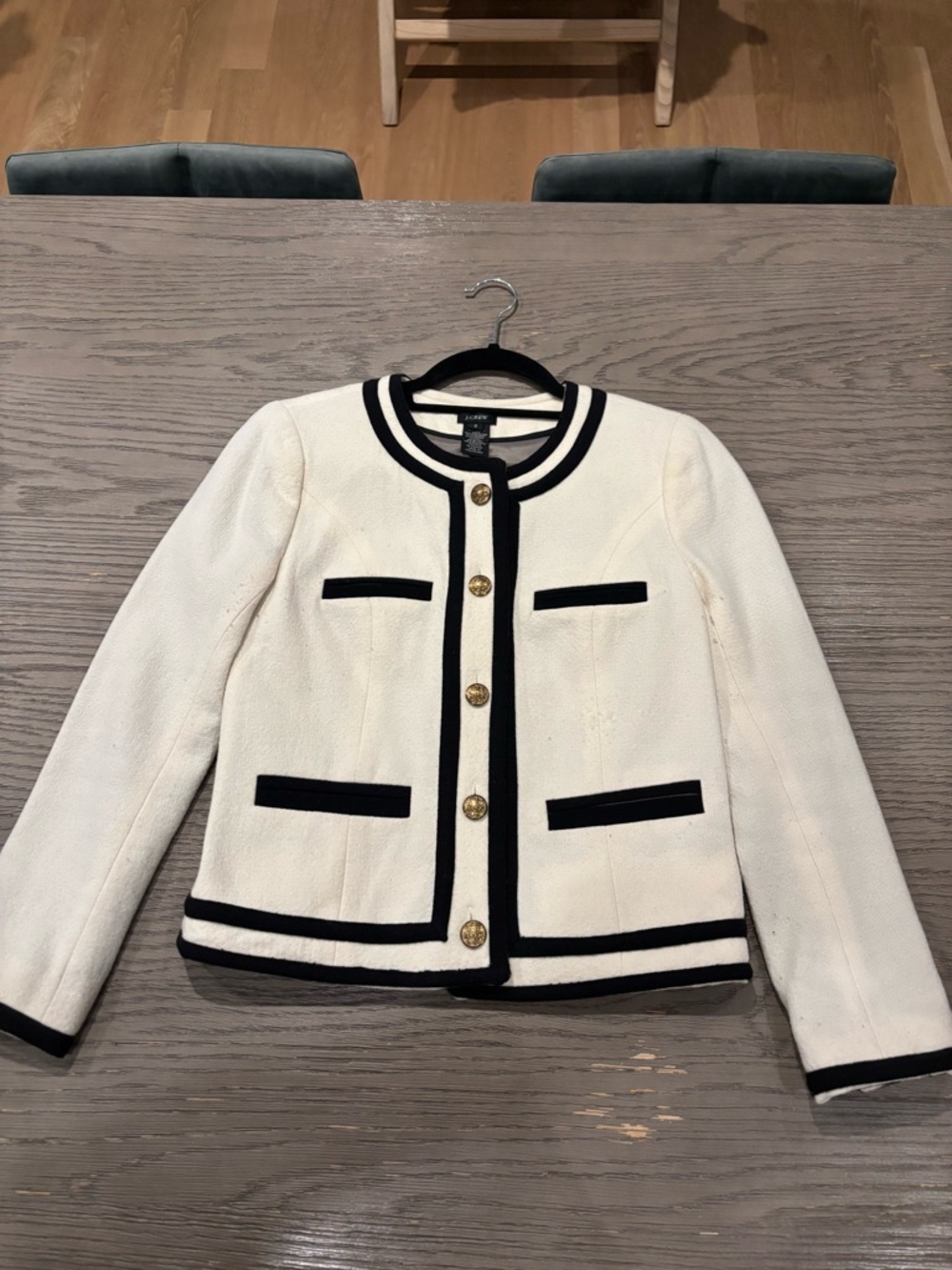 Chanel inspired J. Crew Cream Jacket with Black Trim and Gold Buttons